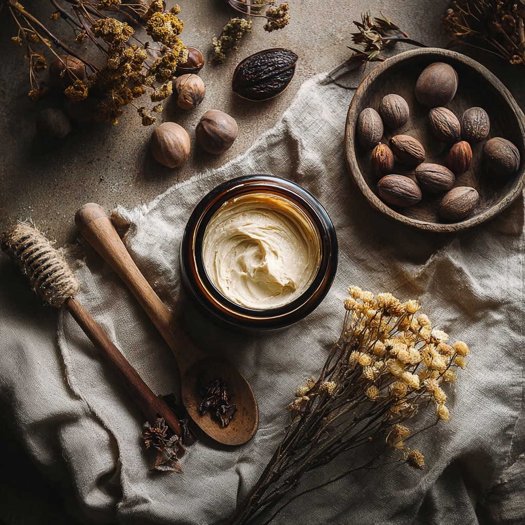 Sister Circle whipped shea butter in amber glass jar, styled with a honey dipper, wooden spoon, shea nuts in a wooden bowl, and dried yellow florals on linen.